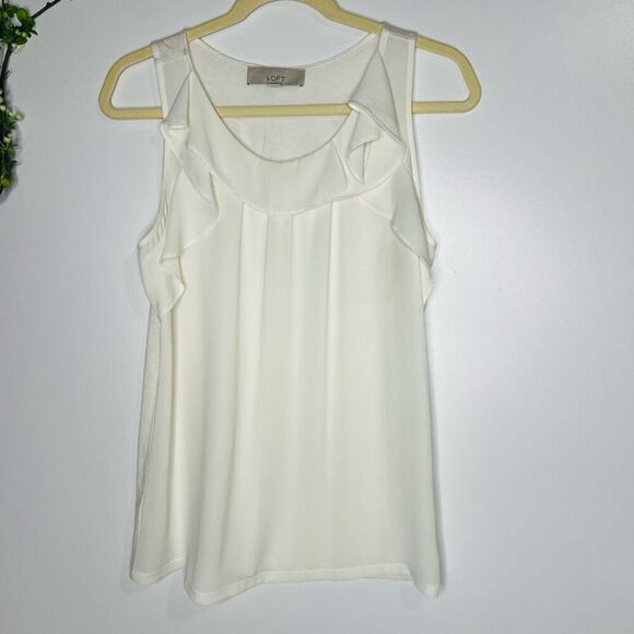 LOFT Ivory Mixed Media Tank Top Blouse Ruffle Sz Medium - Picture 1 of 8
